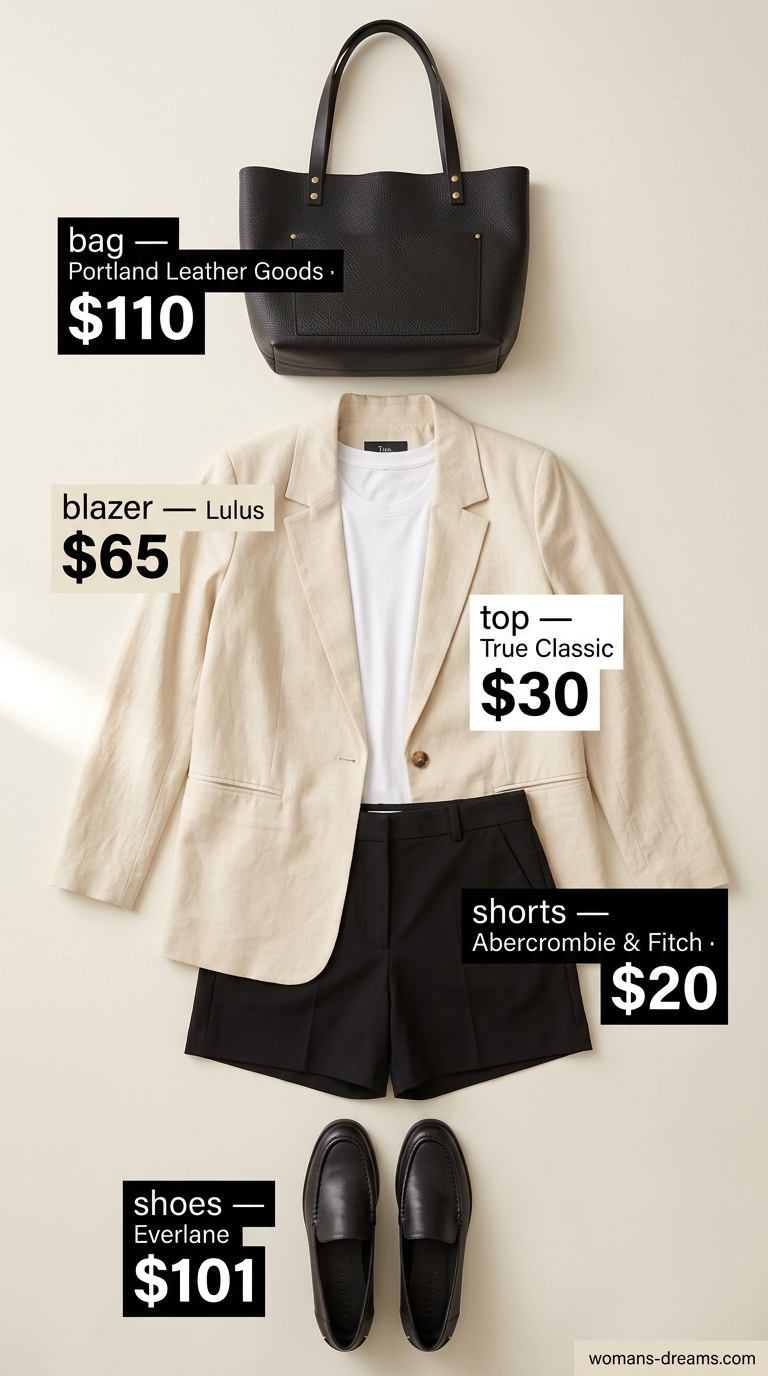 Beige linen blazer with chino shorts for summer vacation outfits for women 2026.