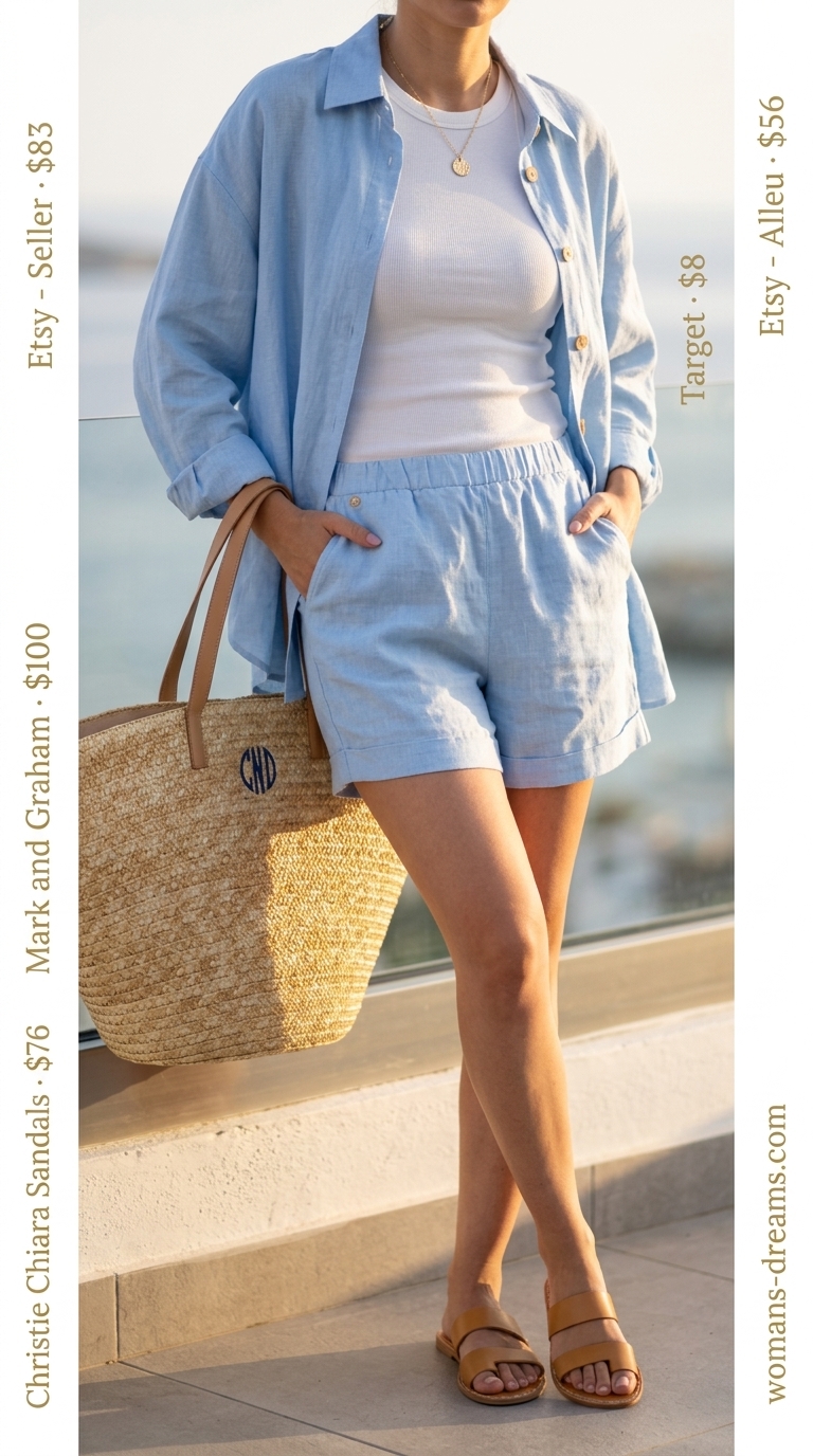 Soft beige linen set with white tank for summer vacation outfits for women 2026.