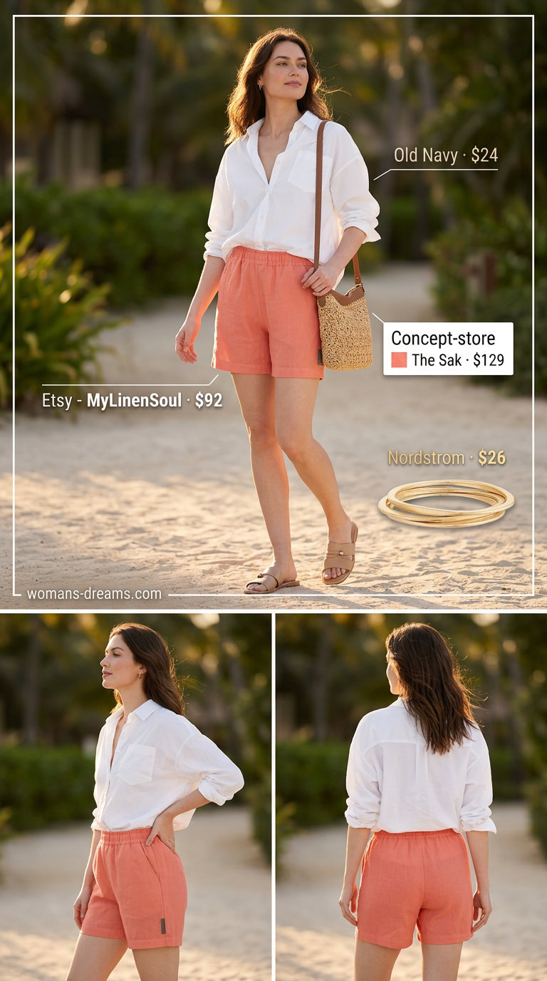 Soft coral linen set with white shirt for summer vacation outfits for women 2026.