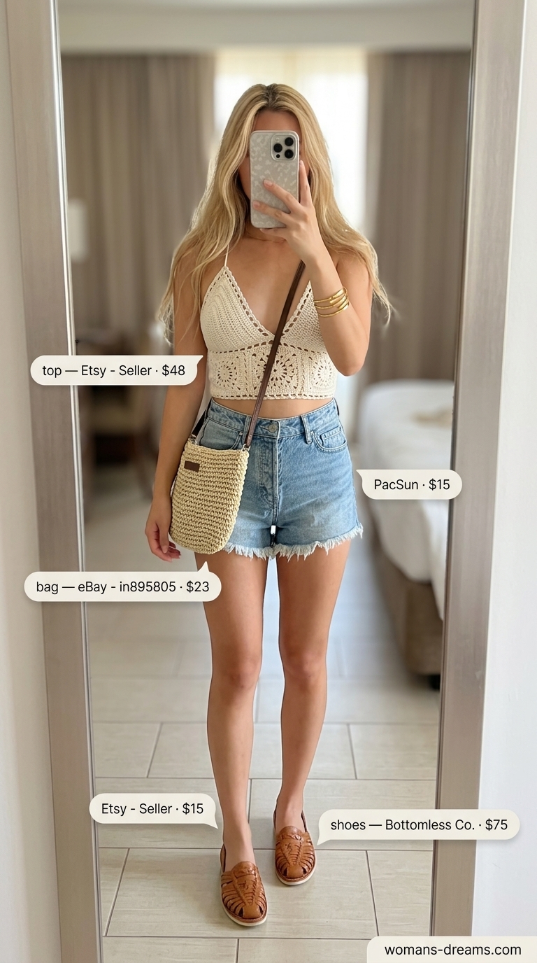 Cream crochet top with denim shorts for summer vacation outfits for women 2026.