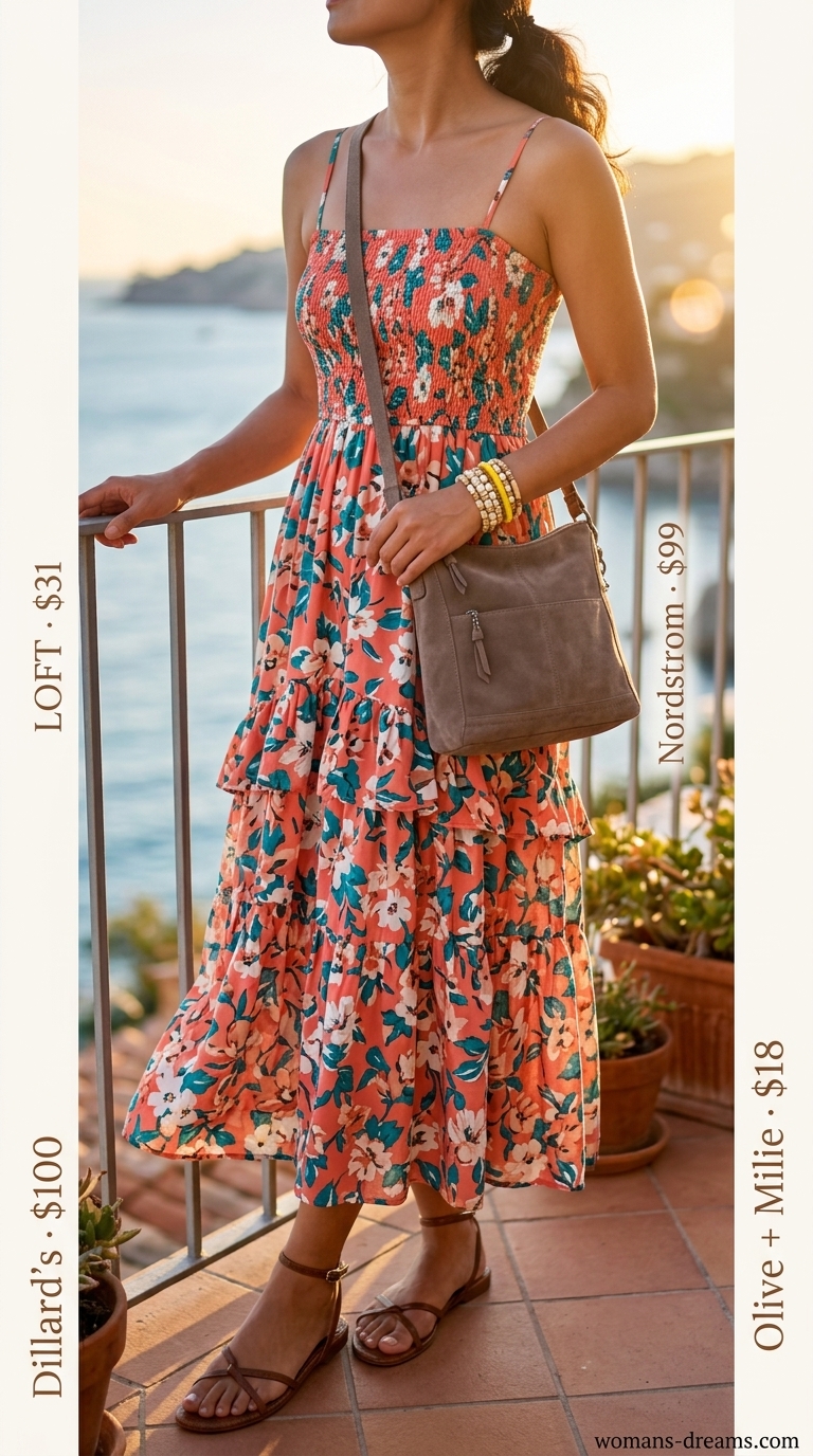 Coral floral maxi dress with strappy sandals for summer vacation outfits for women 2026.