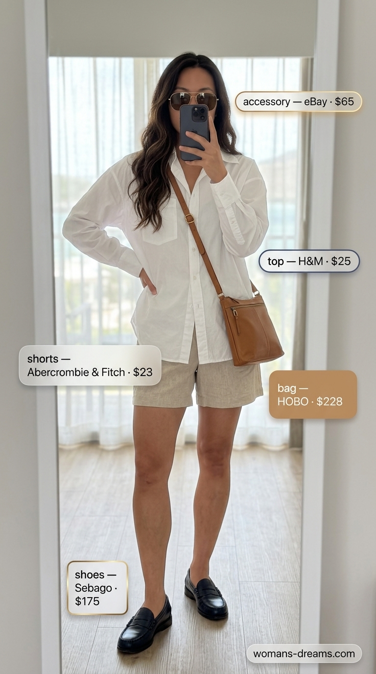 Khaki linen shorts with white shirt & loafers for summer vacation outfits for women 2026.