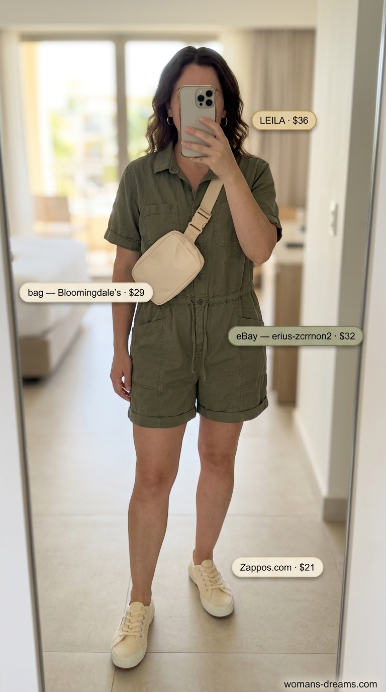 Olive green utility romper with canvas sneakers for summer vacation outfits for women 2026.