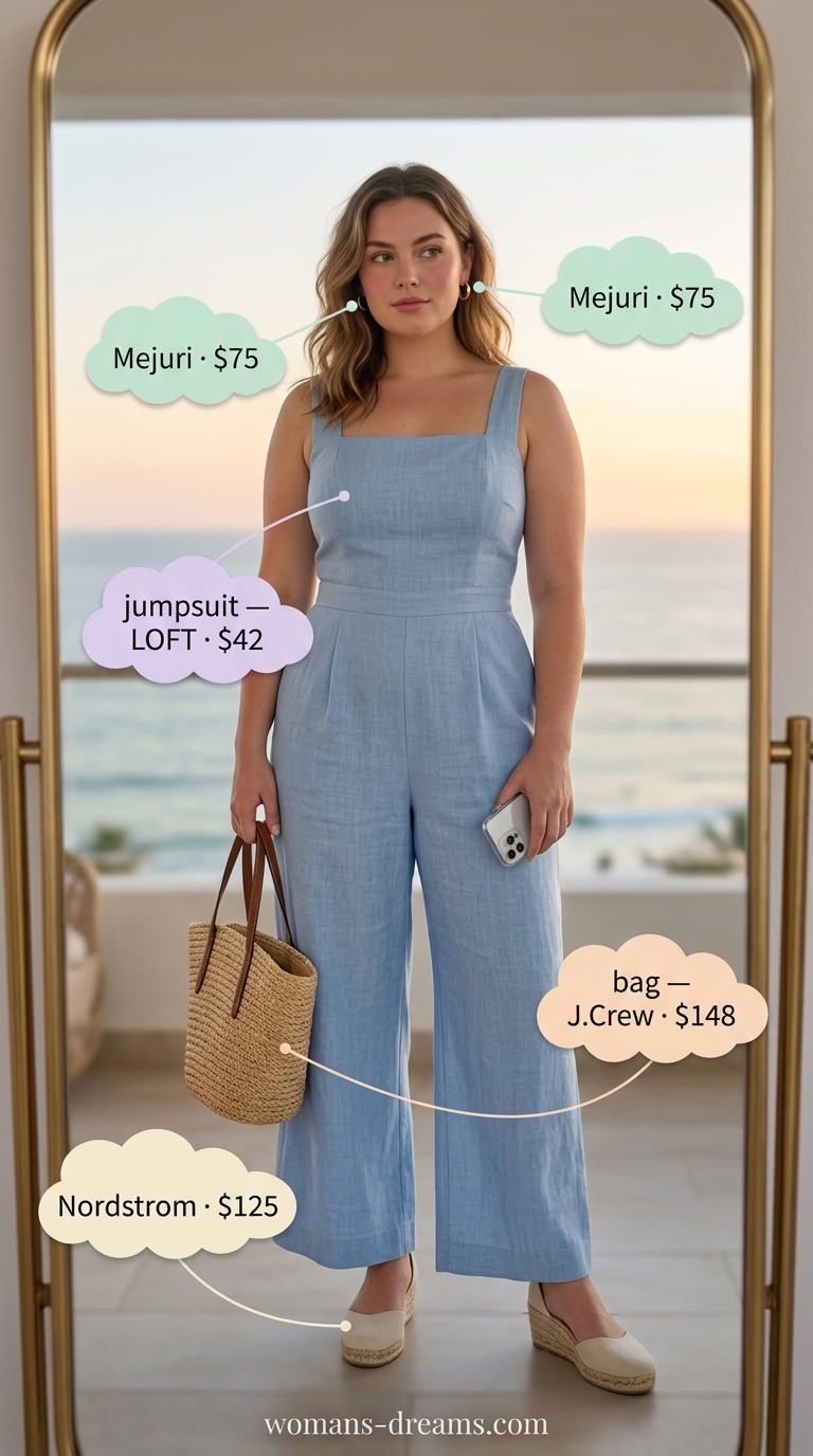 Sky blue linen jumpsuit with espadrille wedges for summer vacation outfits for women 2026.