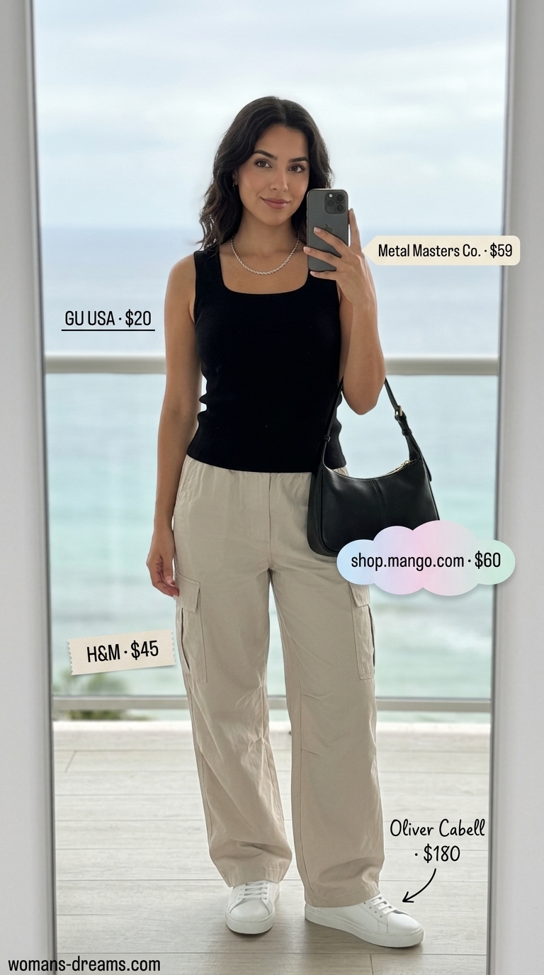 Stone cargo pants with black tank top for summer vacation outfits for women 2026.