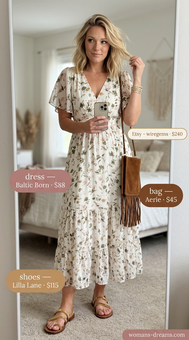 Tall women summer midi outfits 2026: Flowing maxi dress with embellished flat sandals, fringed crossbody bag, and stackable bangles.