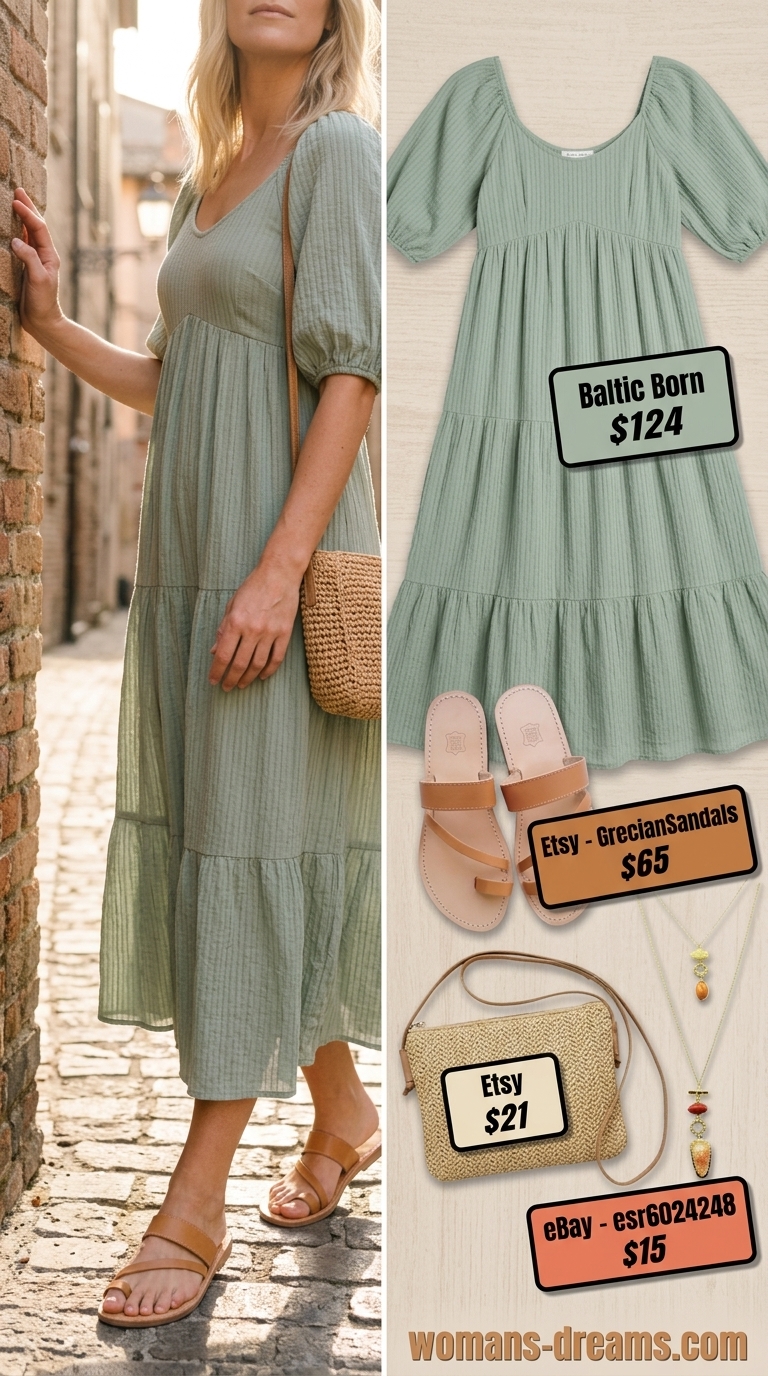 Tall women summer midi outfits 2026: Sage green tiered maxi dress for boho summer evenings and casual wedding guests.