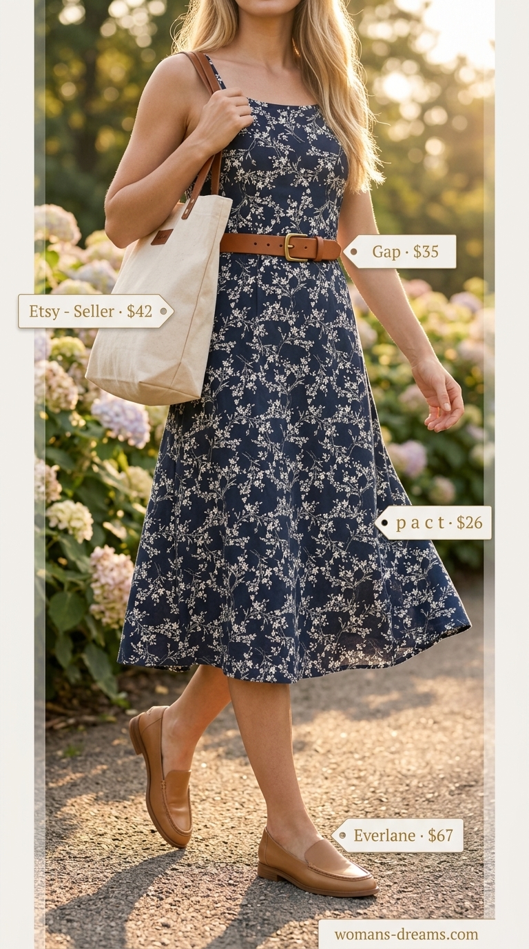 Tall women summer midi outfits 2026: Denim midi dress with tan loafers, leather belt, and canvas tote bag.