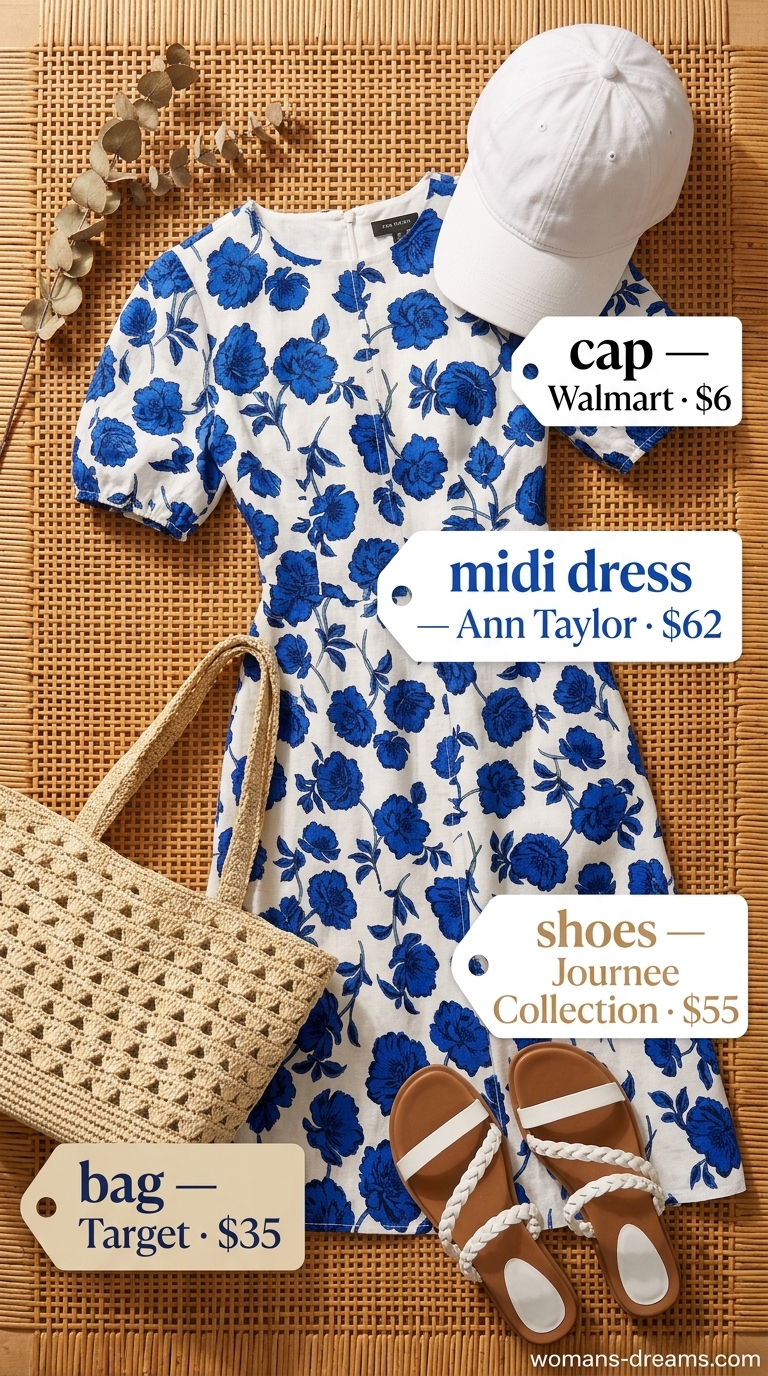 Tall women summer midi outfits 2026: Casual white midi dress with straw tote, slides, and cap for beachy vibes.