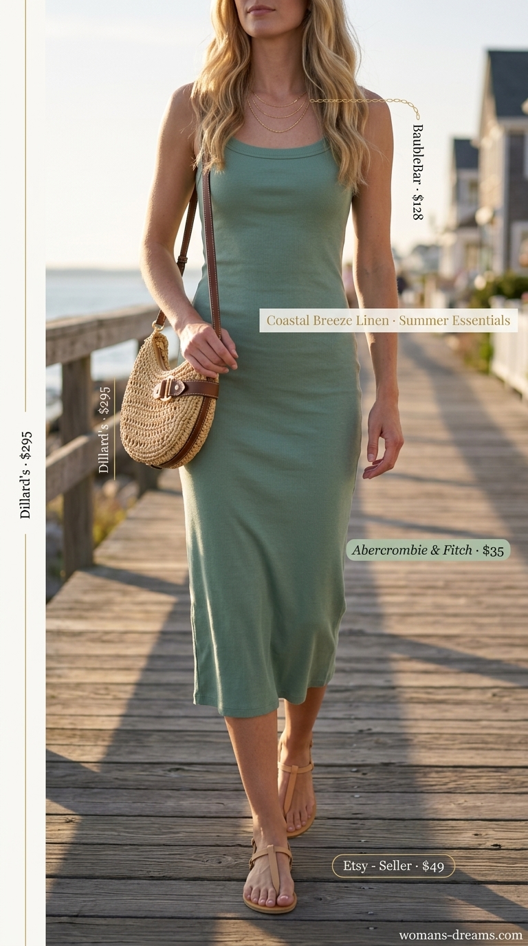 Tall women summer midi outfits 2026: Sage green linen midi dress with gold necklaces, tan sandals, and straw crossbody bag.