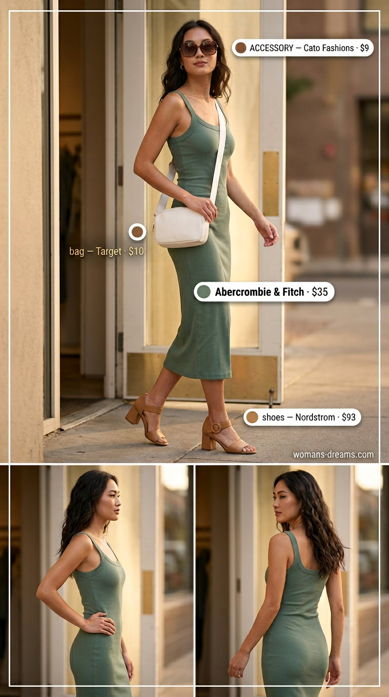 Tall women summer midi outfits 2026: Olive green wide-leg jumpsuit with chunky sandals, belt bag, and tortoiseshell sunglasses.
