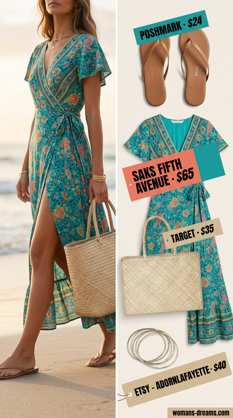 Tall women summer midi outfits 2026: Coral and teal floral maxi dress with tan sandals and oversized straw tote.