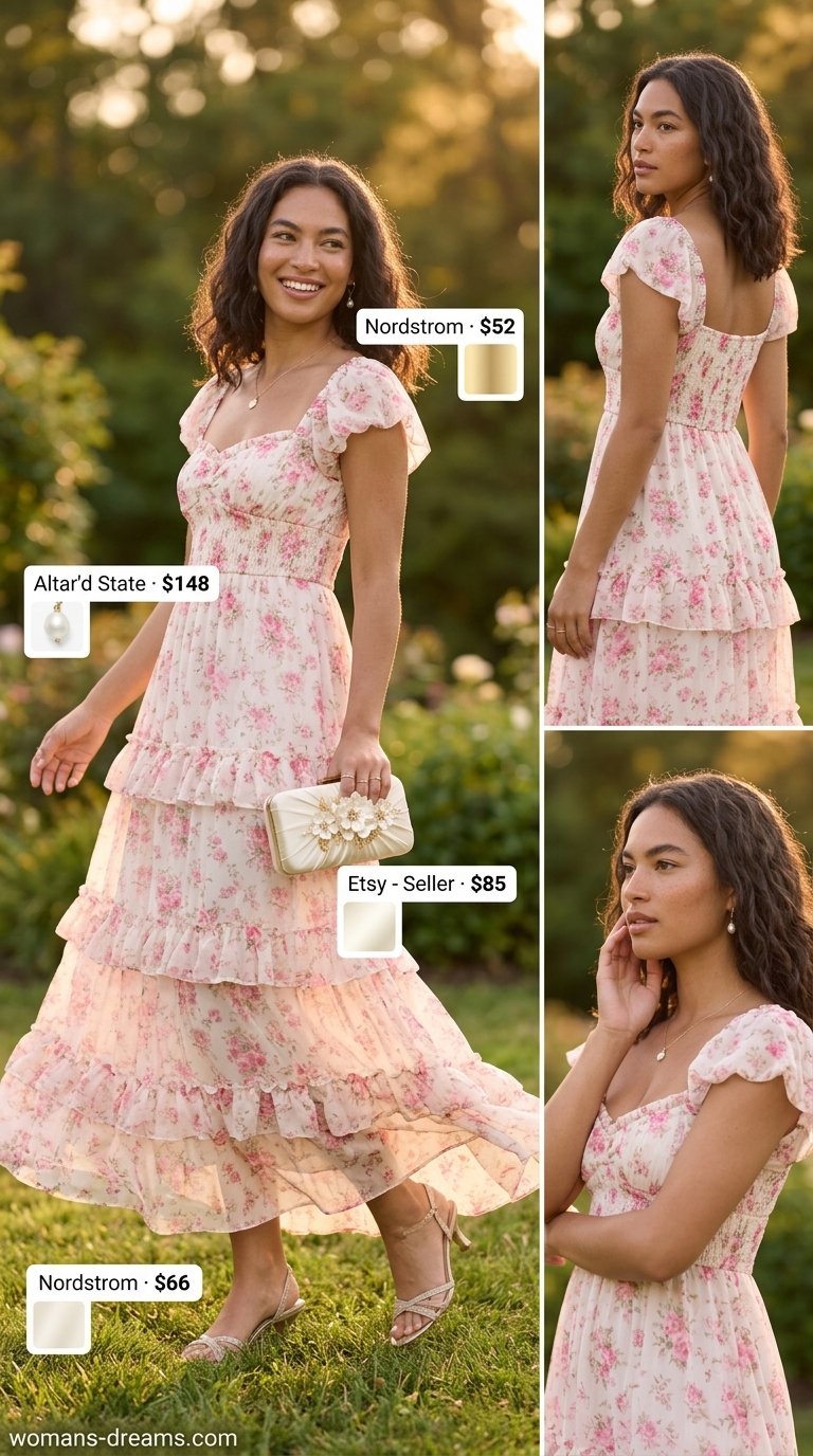 Tall women summer midi outfits 2026: Blush pink floral maxi dress for garden parties, date nights, and summer evenings.