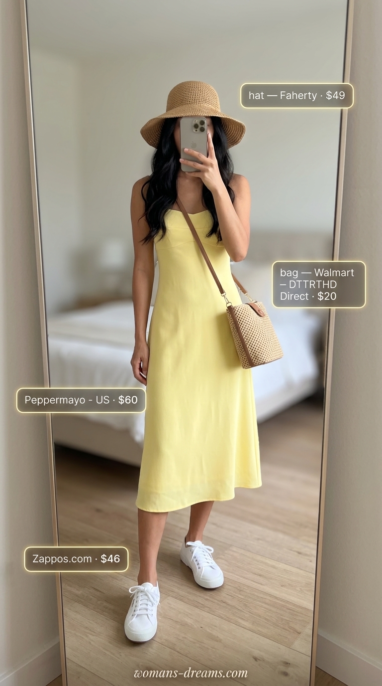 Tall women summer midi outfits 2026: Lemon yellow sundress with canvas sneakers, straw hat, and crossbody bag.