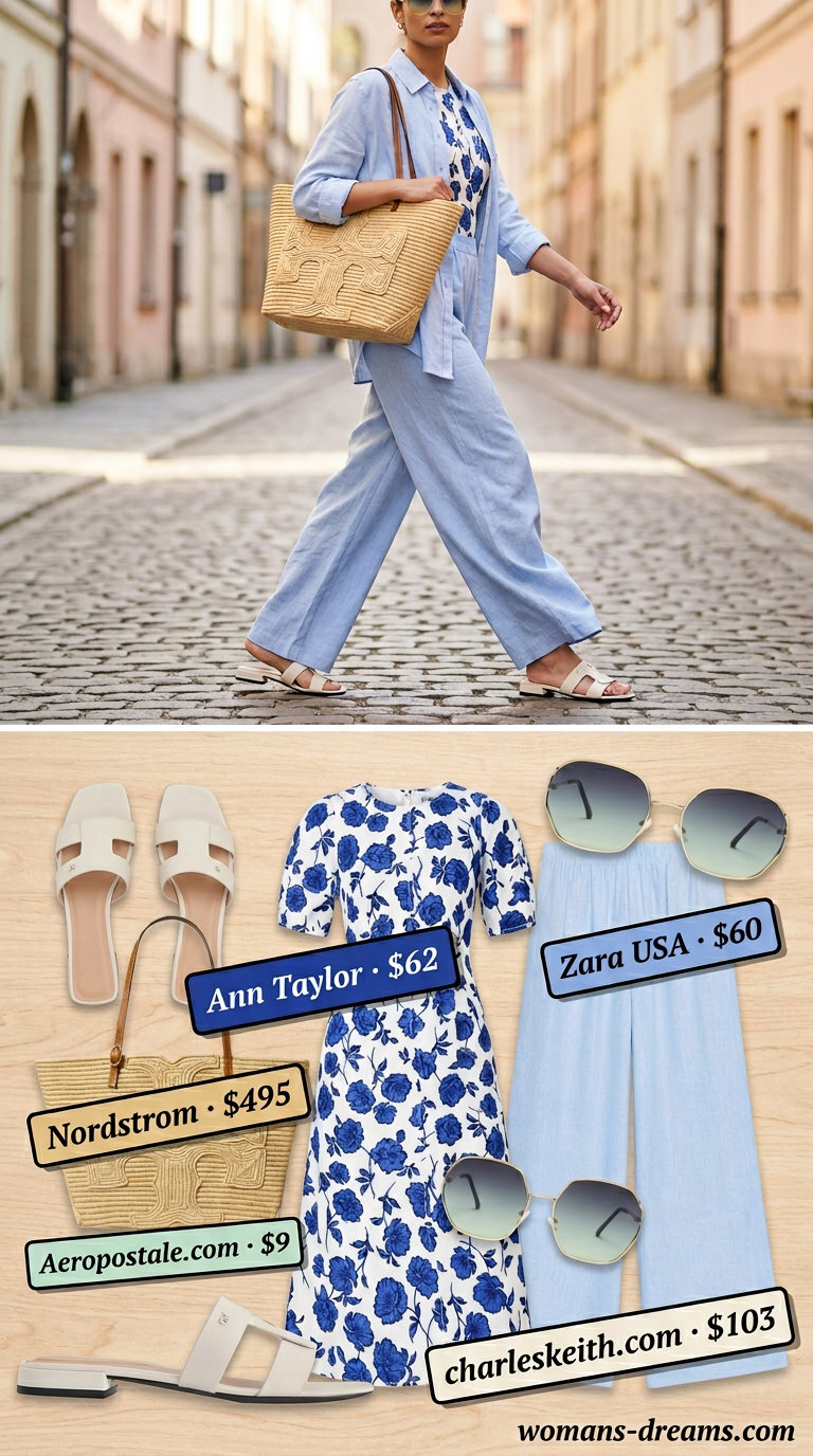 Tall women summer midi outfits 2026: Light blue linen pants set with slides, sunglasses, and straw tote for weekend.