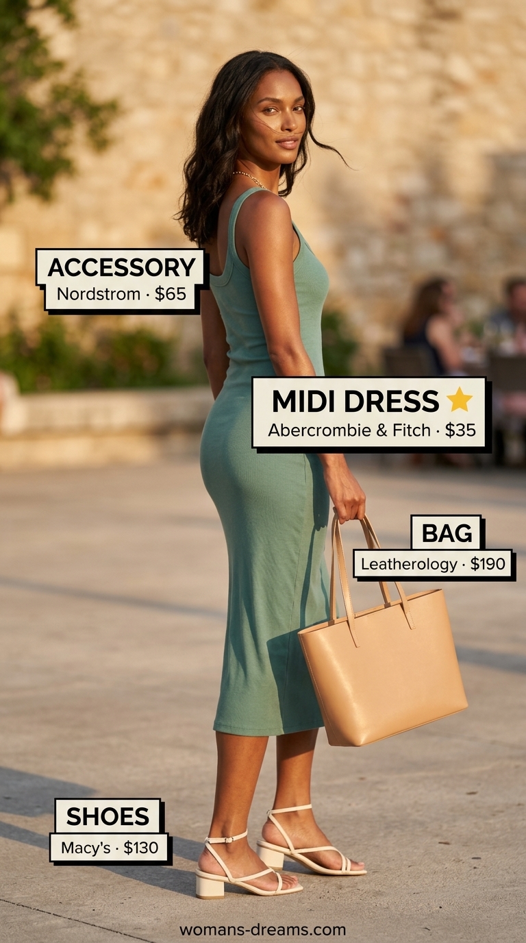 Tall women summer midi outfits 2026: Taupe linen jumpsuit with block heels and leather tote for sophisticated style.