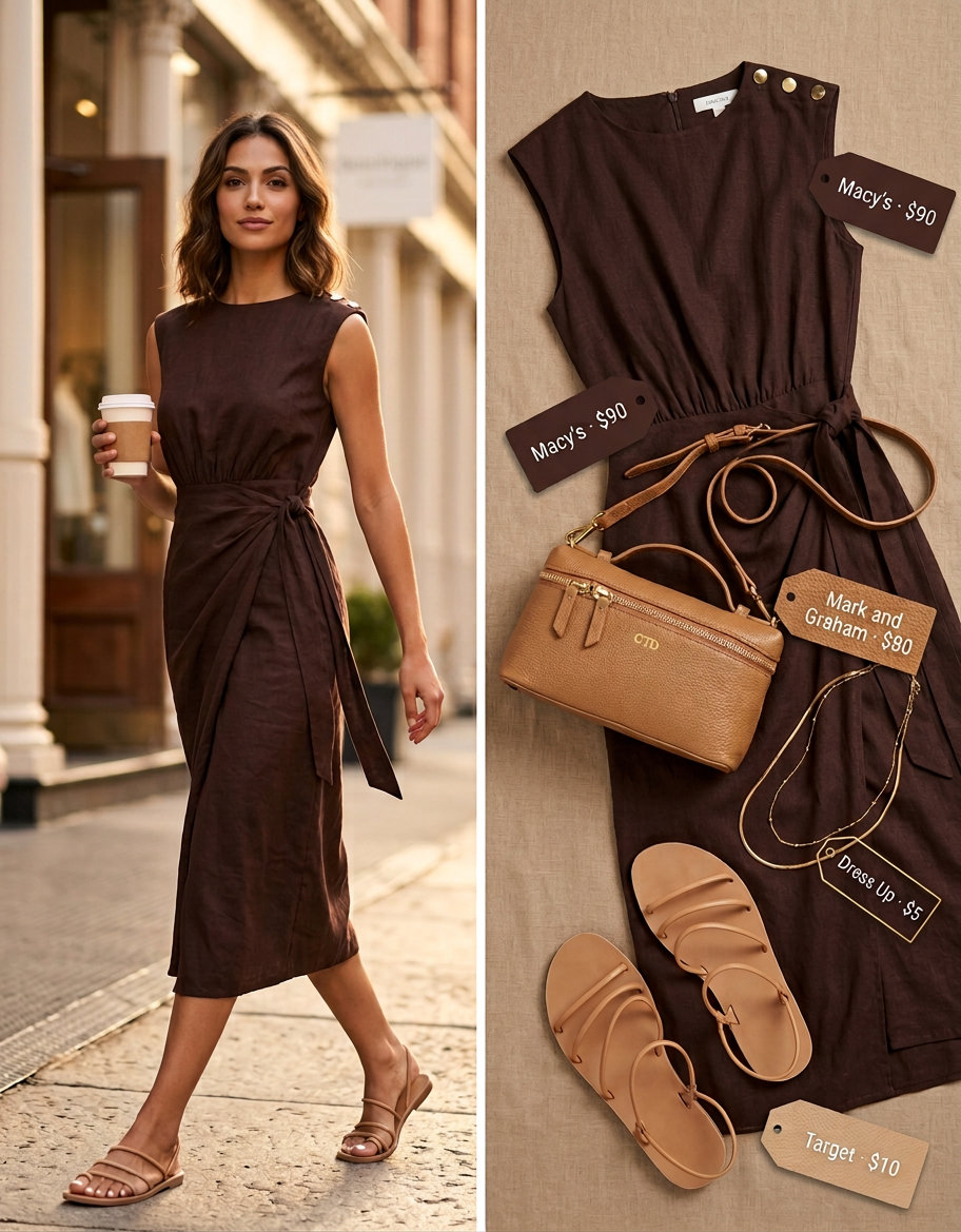 Tall women summer midi outfits 2026: Vibrant mango orange linen midi wrap dress with tan sandals and gold jewelry.