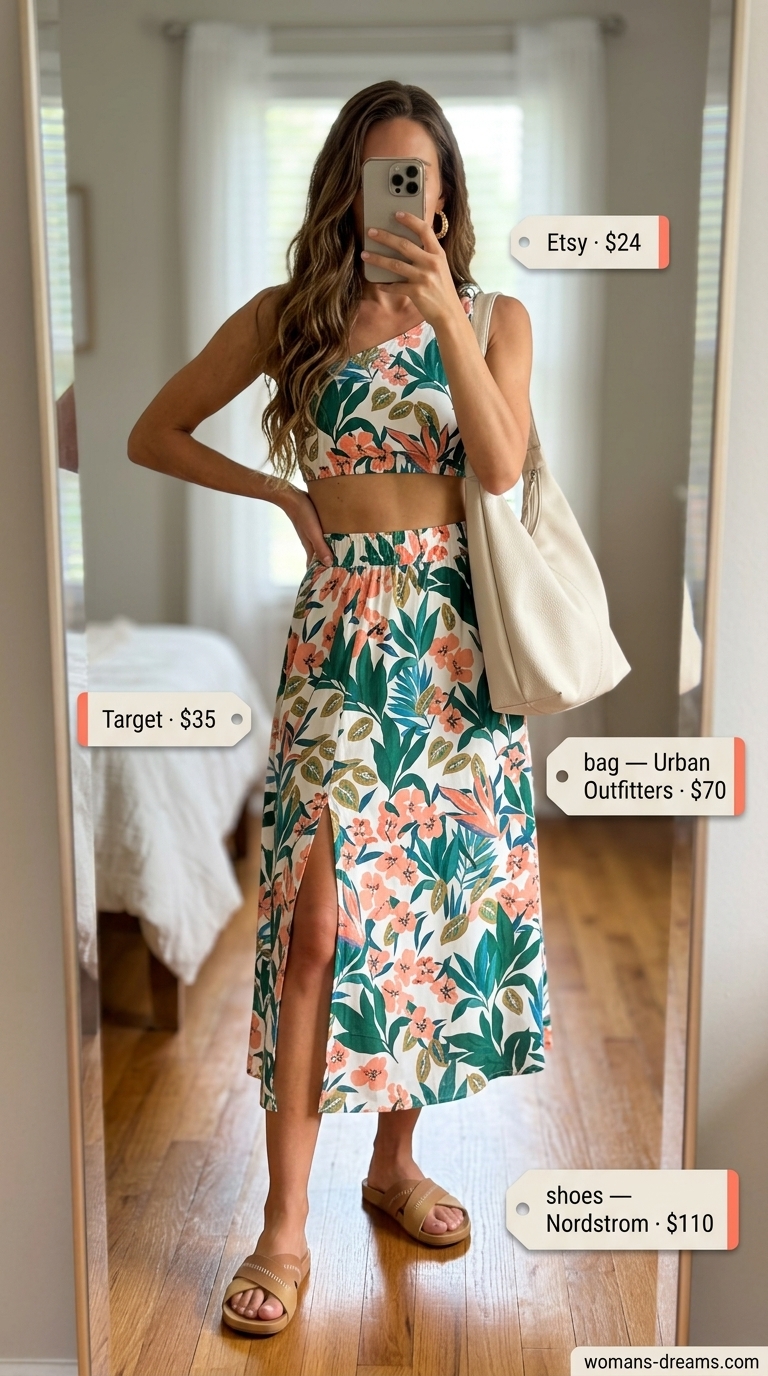 Tall women summer midi outfits 2026: Coral floral midi skirt set for casual dates, brunch, and summer days.