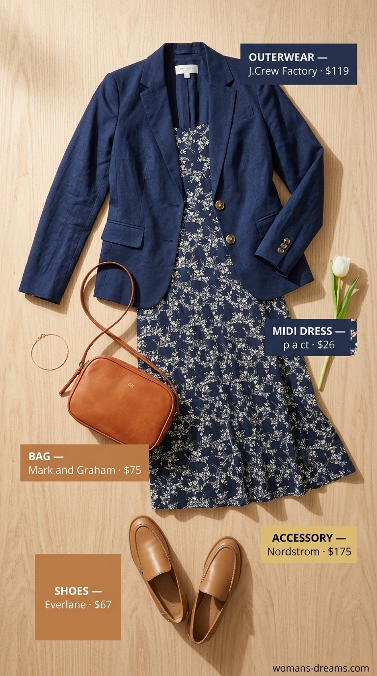 Tall women summer midi outfits 2026: Navy linen blazer and shorts suit with white top, tan loafers, and structured crossbody bag.