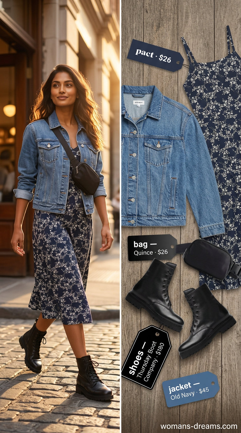 Tall women summer midi outfits 2026: Khaki cargo shorts with denim jacket, black combat boots, and belt bag.