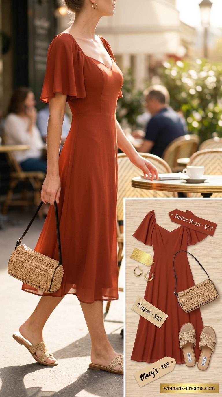 Tall women summer midi outfits 2026: Coral midi dress with flat slide sandals, gold hoops, and woven basket bag.