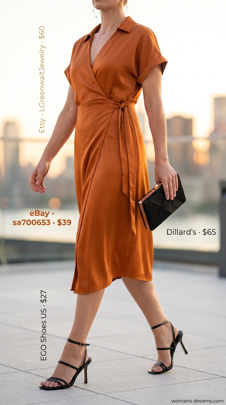 Tall women summer midi outfits 2026: Mango orange wrap midi dress for rooftop dinners and summer evening events.