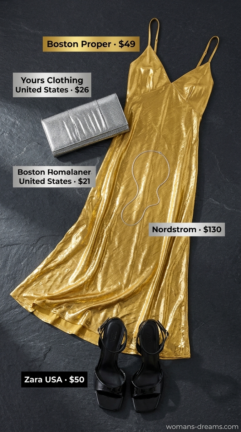Tall women summer midi outfits 2026: Golden yellow satin slip dress for evening events and cocktail parties.
