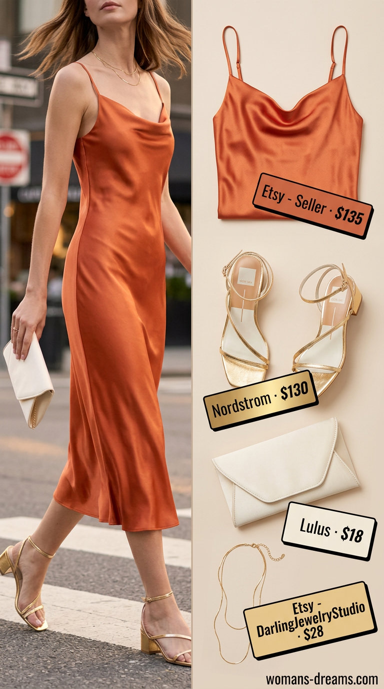 Tall women summer midi outfits 2026: Sunset orange silk midi slip dress with gold heels and clutch for date night.