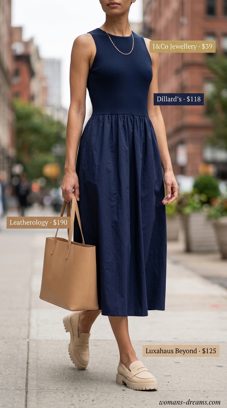 City Chic Professional: NYC Summer Outfits 2026 Trendy NYC summer outfits for women 2026: Navy sleeveless midi dress, beige loafers, structured tote, gold necklace.