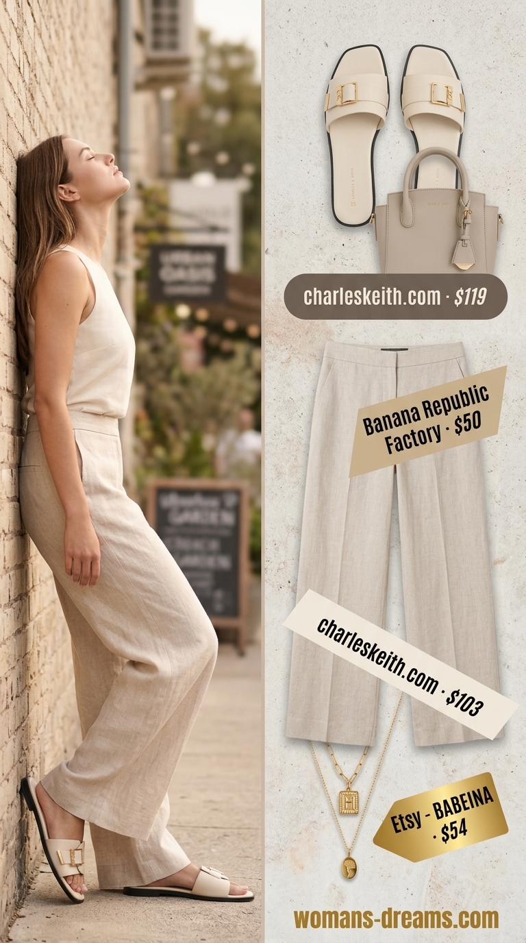 Chic Linen Set: NYC Summer Outfits 2026 Cream linen set with leather slides for trendy NYC summer outfits for women 2026 city exploration.