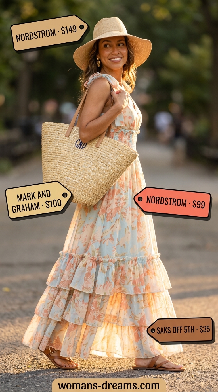 Floral Maxi Dress: NYC Summer Outfits 2026 Coral and teal floral maxi dress with straw accessories for trendy NYC summer outfits for women 2026 beach days.