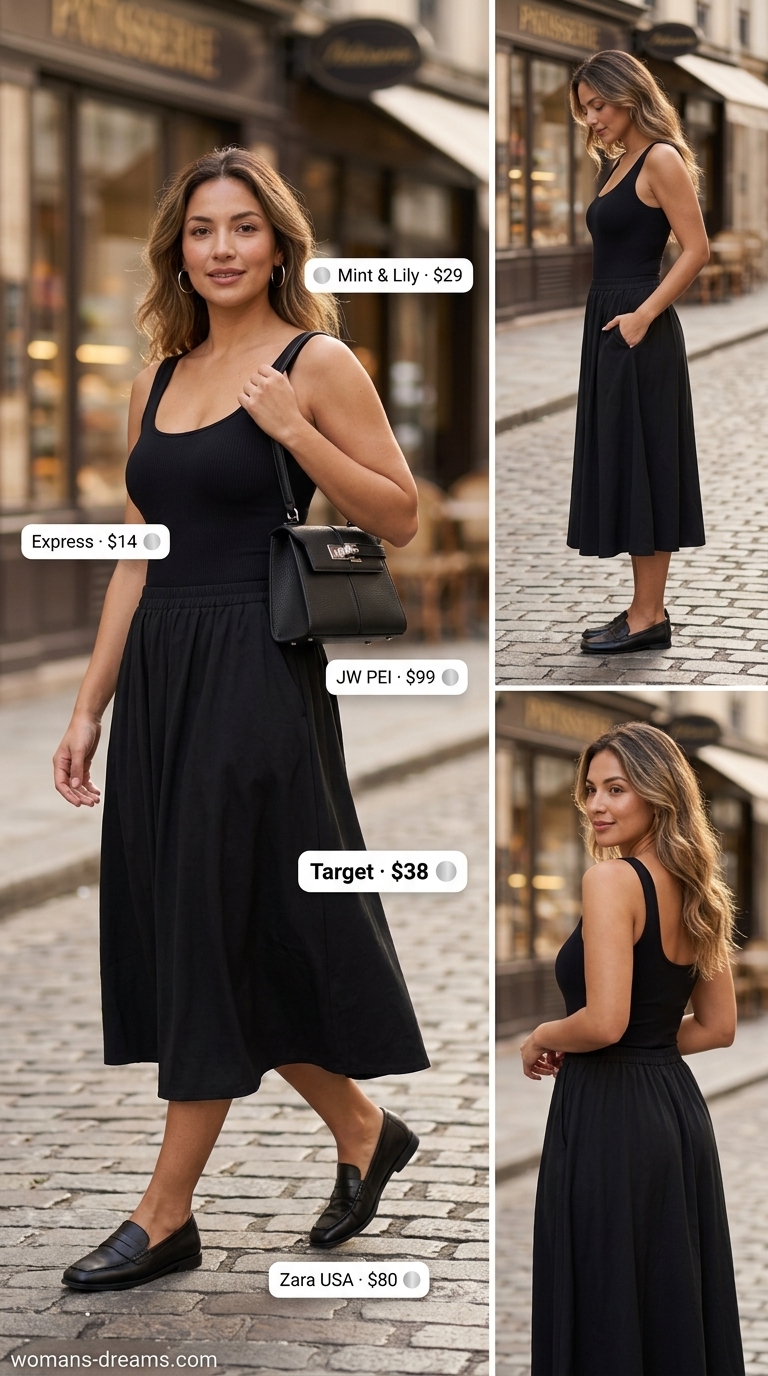 Greenwich Village Chic: NYC Summer Outfits 2026 Trendy NYC summer outfits for women 2026: Black A-line midi skirt, fitted bodysuit, leather loafers, silver hoops.