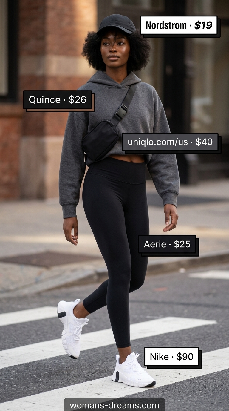 Comfy Hoodie Set: NYC Summer Outfits 2026 Charcoal grey hoodie with black leggings for trendy NYC summer outfits for women 2026 casual comfort.