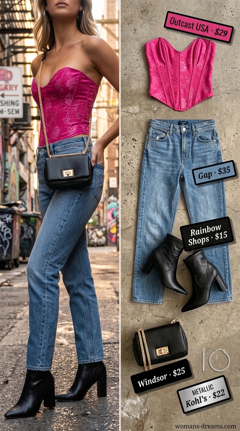 Edgy Corset Top: NYC Summer Outfits 2026 Hot pink corset top with denim jeans for trendy NYC summer outfits for women 2026 edgy looks.