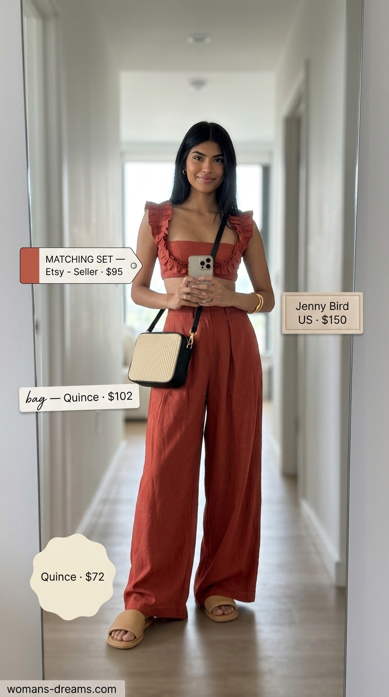 Linen Set Style: NYC Summer Outfits 2026 Terracotta linen set with raffia bag for trendy NYC summer outfits for women 2026 casual days.