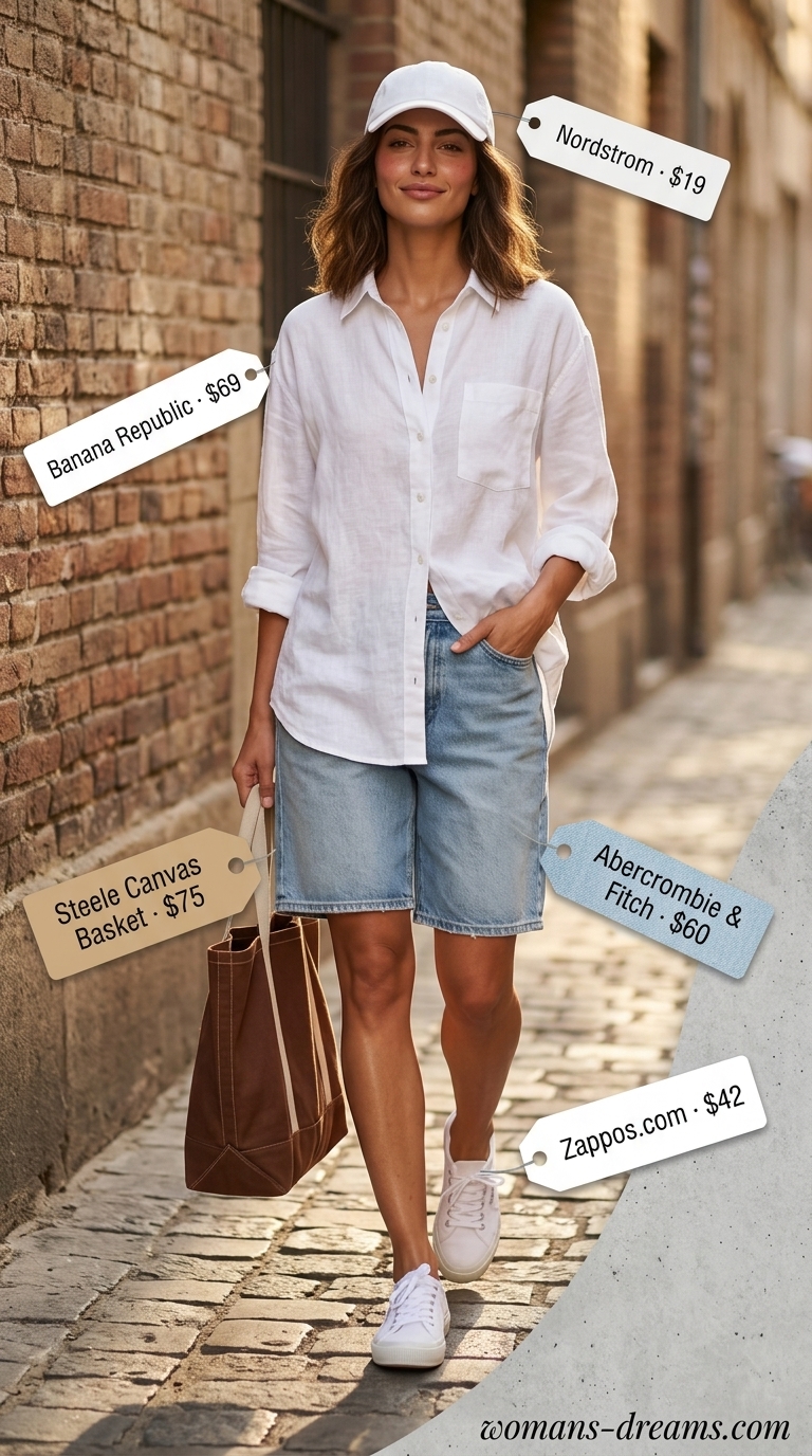Linen Shirt & Shorts: NYC Summer Outfits 2026 Oversized linen shirt with denim shorts for trendy NYC summer outfits for women 2026 casual errands.