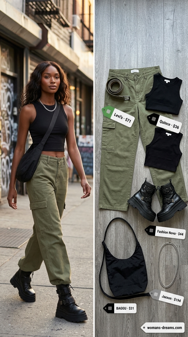 Meatpacking Cool: NYC Summer Outfits 2026 Trendy NYC summer outfits for women 2026: Olive cargo pants, black crop top, combat boots, belt bag.