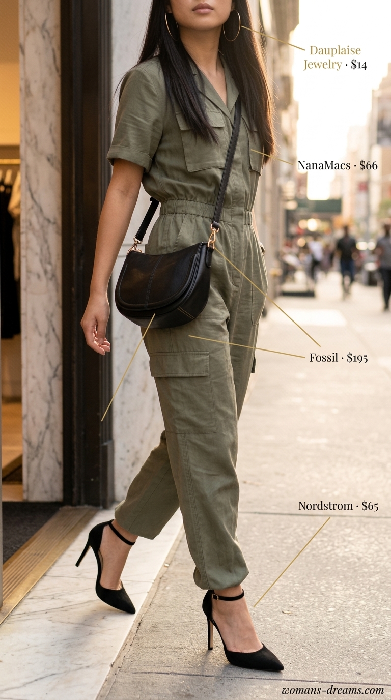 Modern Utility Jumpsuit: NYC Summer Outfits 2026 Trendy NYC summer outfits for women 2026: Olive utility jumpsuit, pointed mules, crossbody bag, gold hoops.
