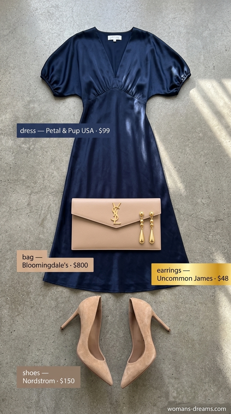 Elegant Navy Maxi Dress: NYC Summer Outfits 2026 Elegant navy blue maxi dress with nude heels for trendy NYC summer outfits for women 2026 evening events.