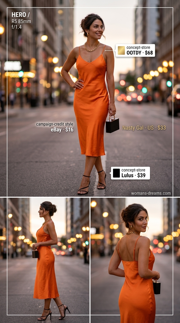 Bright orange satin slip dress with black heels for trendy NYC summer outfits for women 2026 night outs.