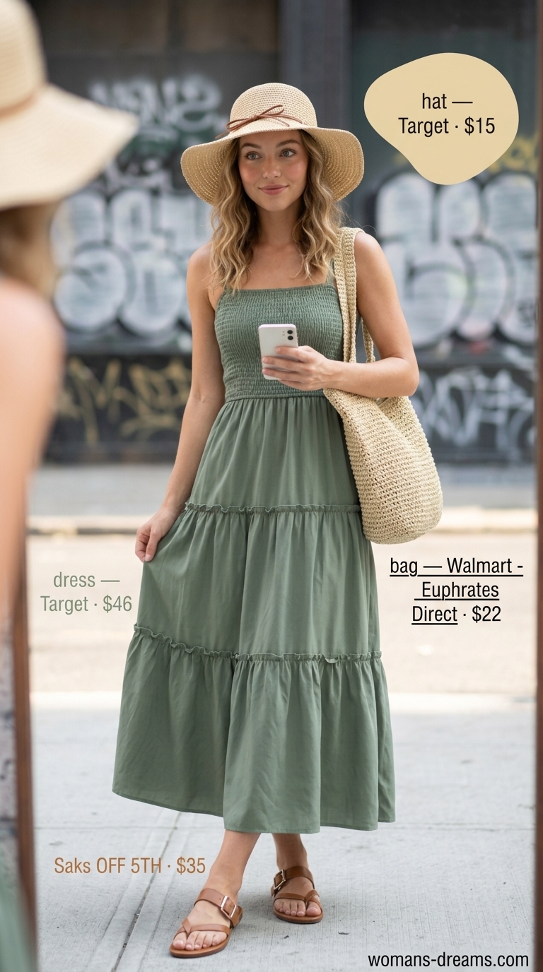 Sage Maxi Dress: NYC Summer Outfits 2026 Sage green maxi dress with straw accessories for trendy NYC summer outfits for women 2026 daytime events.