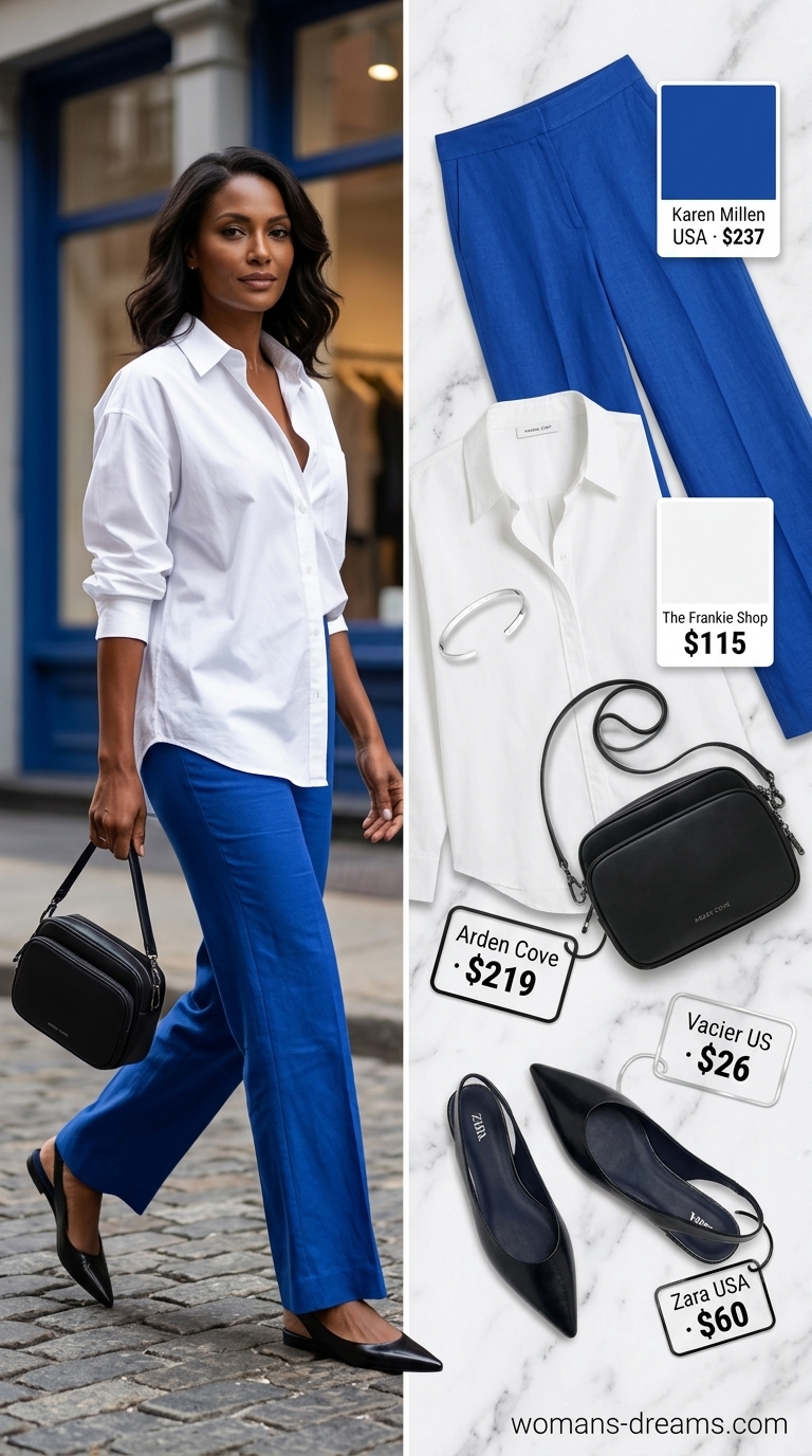 SoHo Cafe Style: NYC Summer Outfits 2026 Trendy NYC summer outfits for women 2026: Cobalt blue trousers, oversized white shirt, slingbacks, crossbody bag.