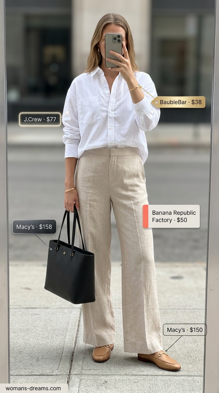 Upper East Side Elegance: NYC Summer Outfits 2026 Trendy NYC summer outfits for women 2026: Beige linen trousers, white button-down, loafers, leather tote, gold bangle.
