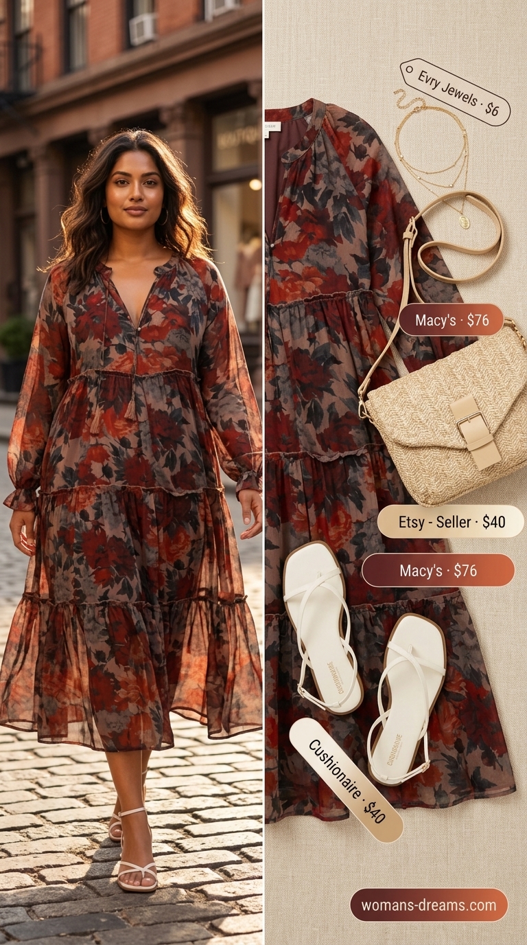West Village Garden Party: NYC Summer Outfits 2026 Trendy NYC summer outfits for women 2026: Blush pink floral midi dress, straw crossbody, flat sandals, gold earrings.