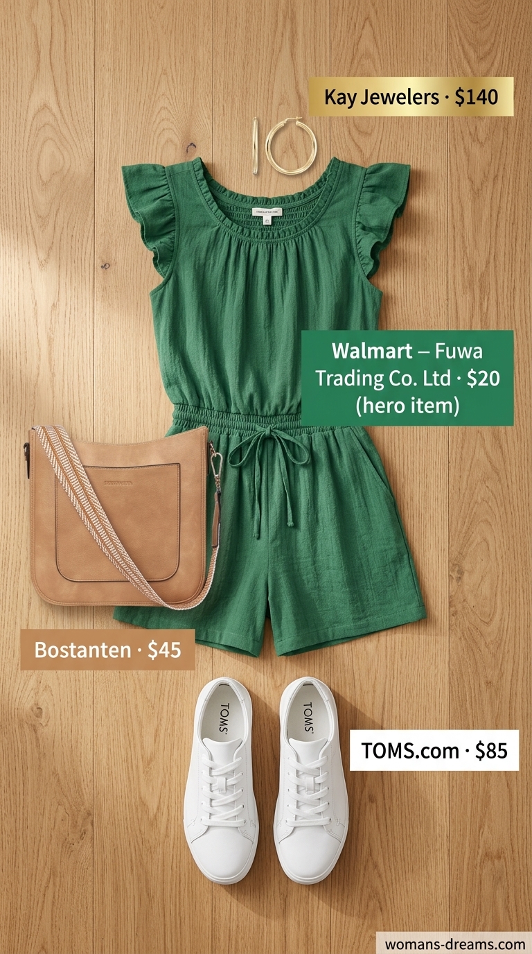 Trendy NYC Summer Outfits 2026: Casual Romper Style Emerald green romper for trendy NYC summer outfits for women 2026. Daytime exploring with white sneakers & tan crossbody.