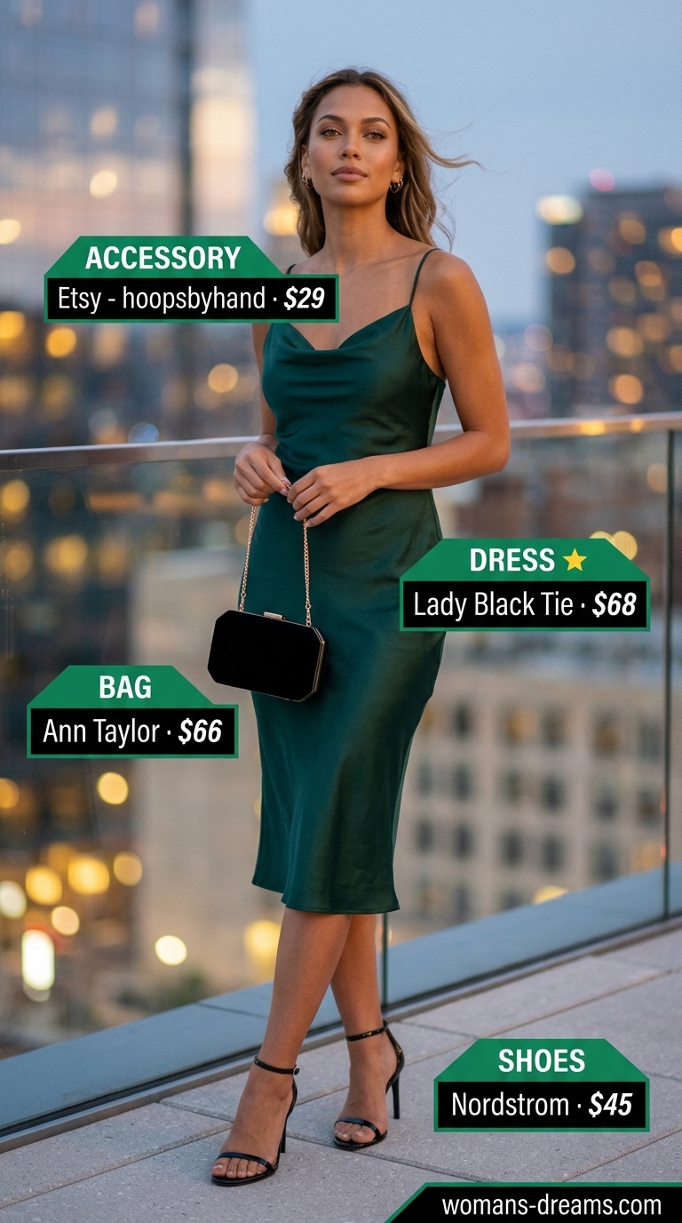 Trendy NYC Summer Outfits 2026: Date Night Glam Emerald green slip dress for trendy NYC summer outfits for women 2026. Date night look with gold earrings & black heels.