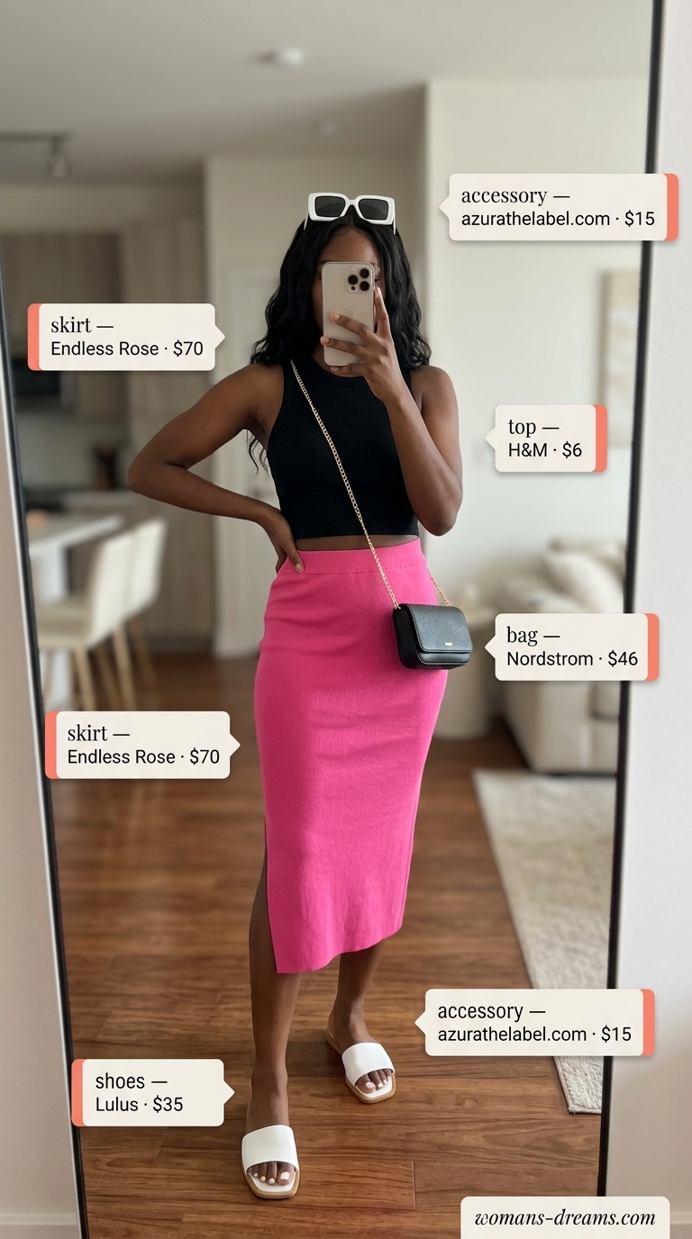 Trendy NYC Summer Outfits 2026: Bold Midi Skirt Hot pink midi skirt outfit for trendy NYC summer outfits for women 2026. Shopping look with cropped tank & white sandals.