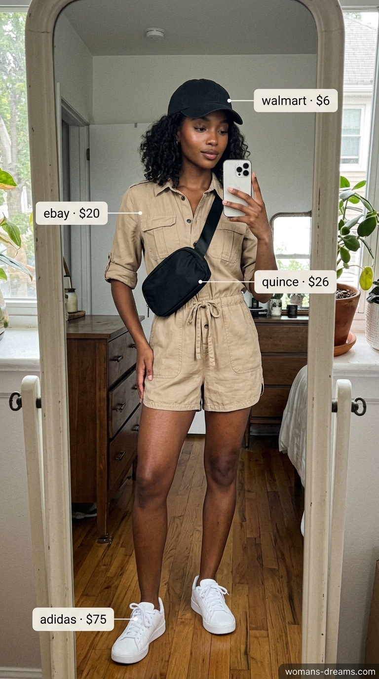 Trendy NYC Summer Outfits 2026: Festival Romper Khaki utility romper for trendy NYC summer outfits for women 2026. Music festival look with black cap & belt bag.