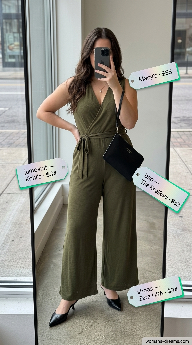Trendy NYC Summer Outfits 2026: Chic Jumpsuit Olive green jumpsuit for trendy NYC summer outfits for women 2026. Evening out look with black heels & clutch.