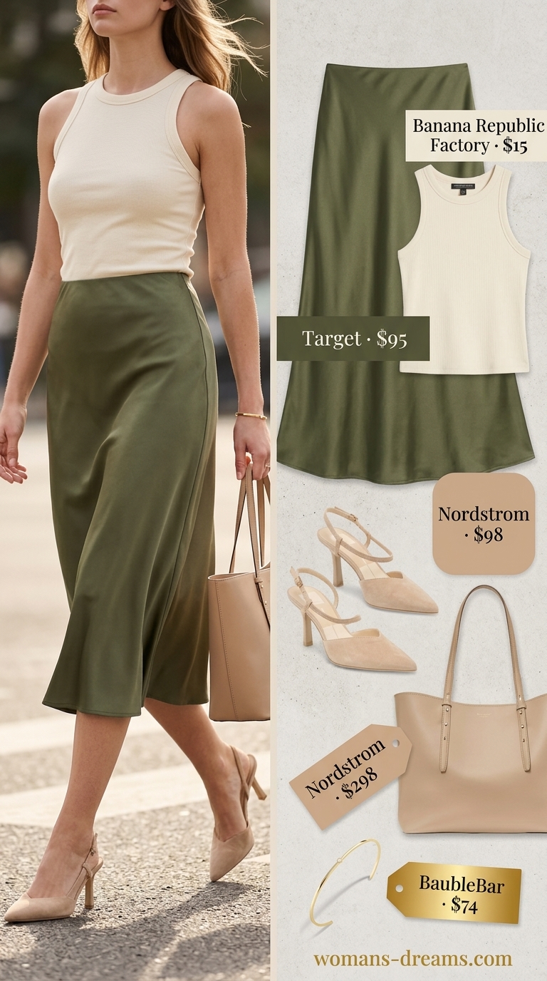 Trendy NYC Summer Outfits 2026: Midi Skirt Style Olive green midi skirt outfit for trendy NYC summer outfits for women 2026. Business casual look with cream top & beige mules.